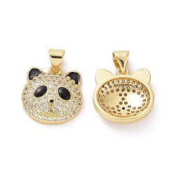 Black Brass Micro Pave Clear Cubic Zirconia Pendants, with Enamel, Panda Head Charms, Golden, Black, 15.5x15x4mm, Hole: 3.5x4.5mm