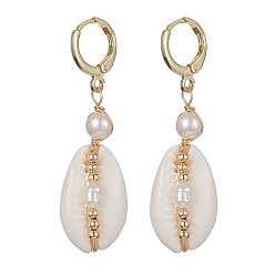 Real 18K Gold Plated Natural Shell & Pearl Dangle Leverback Earrings, Brass Wire Wrap Drop Earrings, Real 18K Gold Plated, 45x14mm