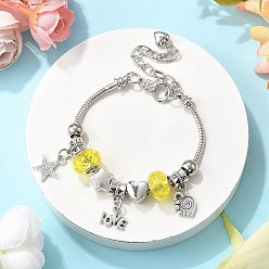 Желтый Латунные европейские бусины браслеты с подвесками, платиновые браслеты-змейки для женщин, звезда и сердце и слово любовь, cmолой, желтые, 7-7/8 дюйм (20 см)