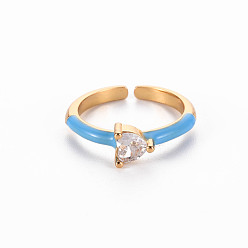 Dodger Blue Brass Enamel Cuff Rings, Open Rings, Solitaire Rings, with Clear Cubic Zirconia, Nickel Free, Heart, Golden, Dodger Blue, US Size 7(17.3mm)