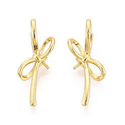 Настоящее золото 18K Латунная фурнитура для сережек-колец Huggie Hoop для полупросверленных бусин, бантом, реальный 18 k позолоченный, лоток : 4.5 мм, 30x11~11.5 мм, штифты : 0.8 мм