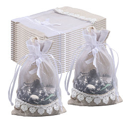 Античный Белый Мешочки для хранения из мешковины и органзы, прямоугольные сумки на шнурке с бантом, старинный белый, 15.6x10x0.3 см