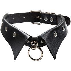 Черный Ожерелья-чокеры из искусственной кожи для женщин, с кольцами из железа и нержавеющей стали, цвет нержавеющей стали, чёрные, 18.50 дюйм (47 см)