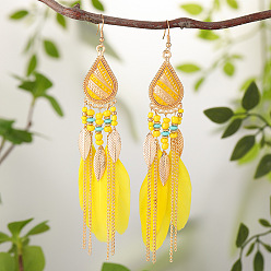 Желтый Серьги-подвески из перьевого сплава с бусинами, слеза, желтые, 134x21 мм