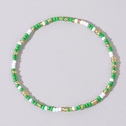 Lime Green Boho Round Glass Seed Beaded Stretch Bracelets for Women, Lime Green, 6.89 inch(17.5cm)