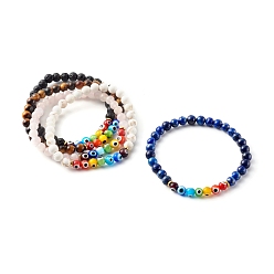 Gemischte Stein Chakra-Schmuck, natürliche gemischte Edelstein-Stretch-Perlen-Armbänder, mit bösen Blick-Lampwork-Perlen und synthetischen nicht-magnetischen Hämatit-Perlen, golden, Innendurchmesser: 2-1/4 Zoll (5.8 cm)