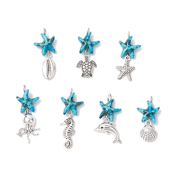 Светлый Морско-зеленый 7 шт. 7 стили окрашенные синтетические бирюзовые морские звезды и сплав морских животных подвески, морские подвески с петлями из медной проволоки, античное серебро, светло-зеленый, 27~37x14~18x5 мм, отверстие : 2.5 мм, 1 шт / стиль