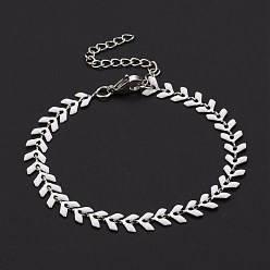 White Enamel Wheat Link Chains Bracelet, 304 Stainless Steel Jewelry for Women, Stainless Steel Color, White, 6-7/8 inch(17.5cm)