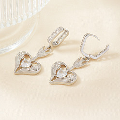 Серебро Серьги-кольца в форме сердца из латуни с прозрачным кубическим цирконием ко Дню святого Валентина, серебряные, 44x19 мм
