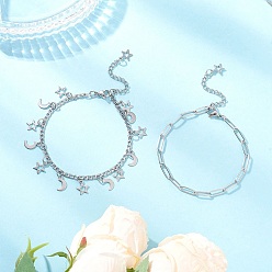 Луна 304 Браслеты из нержавеющей стали со скрепками и цепочкой Фигаро для женщин, луна, 7-3/8 дюйм (18.8 см), 2 шт / комплект