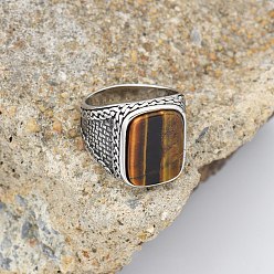 Тигровый глаз 304 Кольца из нержавеющей стали с натуральным тигровым глазом, античное серебро, прямоугольные, размер США 8 (18.1 мм)