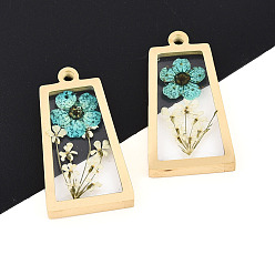 Средний Бирюзовый 304 подвески из нержавеющей стали с эпоксидной смолой, трапеция с сухоцветом, ионное покрытие (ip), реальный 18 k позолоченный, средне бирюзовый, 26x14x3.5~4 мм, отверстие : 1.6 мм