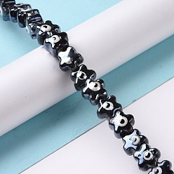 Black Handmade Porcelain Ceramic Beads Strands, Famille Rose Style, Star with Evil Eye, Black, 10.5x11x8mm, Hole: 3mm, about 32pcs/strand, 11.89~12.13 inch(30.2~30.8cm)