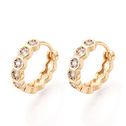 Настоящее золото 18K Серьги-кольца из латуни с микропаве из прозрачных кубических цирконий шестигранной формы, реальный 18 k позолоченный, 14x15x3.5 мм