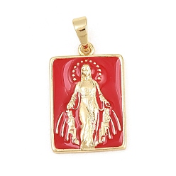 Красный Латунь эмаль подвески, прямоугольник с подвесками Девы Марии, долговечный, стойки покрытие, без свинца и без кадмия, красные, 22x14.5x2.5 мм, отверстие : 3.5x5 мм
