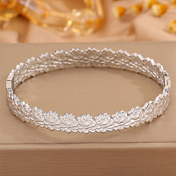 Stainless Steel Color 304 Stainless Steel Lotus Flower Hinged Cuff Bangles for Women, Tarnish Free, Stainless Steel Color, Inner Diameter: 2.36x1.97 inch(6x5cm)