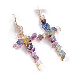 Fluorite Natural Fluorite Dangle Earring, Cross, 65x35mm
