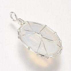 Opalite Opalite Pendants, with Brass Findings, Oval with Tree, Silver Color Plated, 39~39.5x22~23x9~10mm, Hole: 4mm