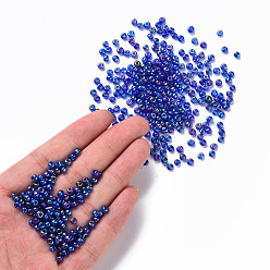 Blue Round Glass Seed Beads, Transparent Colours Rainbow, Round, Blue, 4mm