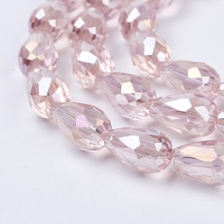 Pink Electroplate Glass Beads Strands, AB Color Plated, Faceted Teardrop, Pink, 15x10mm, Hole: 1mm, 50pcs/strand, 27.1 inch