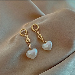 Heart Alloy Dangle Earrings for Women, with Imitation Pearl Beads, Heart, 18x11mm