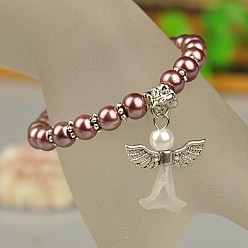 Rosy Brown Lovely Wedding Dress Angel Bracelets for Kids, Carnival Stretch Bracelets, with Glass Pearl Beads and Tibetan Style Beads, Rosy Brown, 45mm