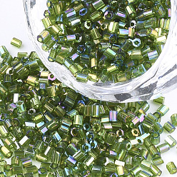 Olive Drab Grade A Glass Seed Beads, Hexagon(Two Cut), Transparent Colours Rainbow, Olive Drab, 1.5~2.5x1.5~2mm, Hole: 0.8mm, about 2100pcs/bag, 450g/bag