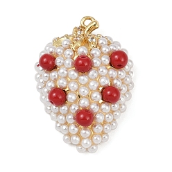 (123L) Белый крем непрозрачный блеск Латунные микропаве прозрачные подвески с фианитом, клубника, с ABS имитации жемчуга, без свинца и без кадмия, долговечный, стойки покрытие, реальный 18 k позолоченный, огнеупорный кирпич, 27x19x11 мм, отверстие : 1 мм