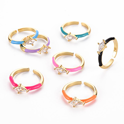 Mixed Color Brass Enamel Cuff Rings, Open Rings, Solitaire Rings, with Clear Cubic Zirconia, Nickel Free, Rhombus, Golden, Mixed Color, US Size 7(17.3mm)