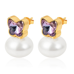 Amethyst 304 Stainless Steel Rhinestone Butterfly Stud Earrings for Women, Round Imitation Pearl Earrings, Golden, Amethyst, 23x16mm