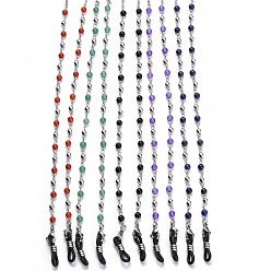 Stainless Steel Color 304 Stainless Steel Eyeglasses Chains, Neck Strap for Eyeglasses, with Natural & Synthetic Gemstone Round Beads and Rubber Loop Ends, Stainless Steel Color, 34.25 inch(87cm)