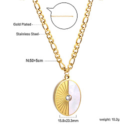 Doré  Colliers pendentifs ovales en acier inoxydable et coquillage blanc naturel avec strass en cristal pour femmes, or, 304 pouce (19.69 cm), pendentif: 50 mm