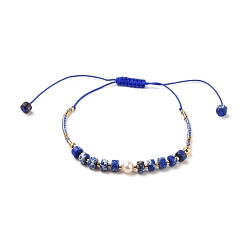 Imperial Jasper Adjustable Nylon Thread Braided Bead Bracelets, with Column Synthetic Imperial Jasper Beads, Natural Pearl Beads, Glass Beads and Brass Beads, Inner Diameter: 1-1/2~3 inch(3.8~7.6cm)