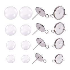 Stainless Steel Color DIY Earring Making, with 304 Stainless Steel Stud Earring Settings and Transparent Glass Cabochons, with Loop, Stainless Steel Color, 82x82x27mm