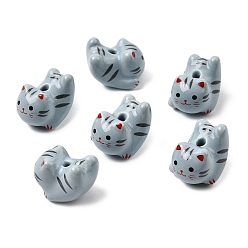 Стально-синий Фарфоровые бусины ручной работы, форма кошки, напечатанный, стальной синий, 21x16x17 мм, отверстие : 3 мм