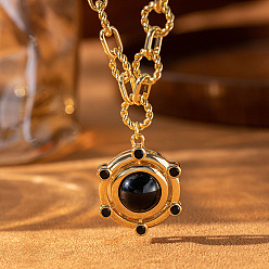 Черный Ретро латунные паве окрашенные натуральные агаты плоские круглые подвески ожерелья для женщин, золотые, чёрные, 16.14 дюйм (41 см)