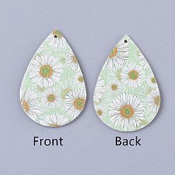 Hellgrün Pu-Leder große Anhänger, Träne, mit Blumenmuster, hellgrün, 55x35x2 mm, Bohrung: 2 mm