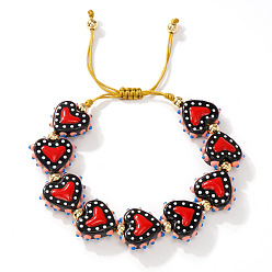 Черный Богемные браслеты ручной работы из фарфора, эмали, бисера и плетеных бусин для женщин., сердце, чёрные, 11.02 дюйм (28 см)