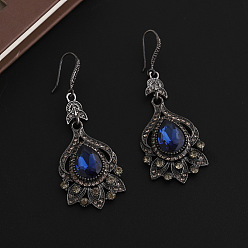 Средно-синий Серьги-подвески из цинкового сплава со стразами, со стеклом, слеза, металлический черный , светло-синий, 63x22 мм