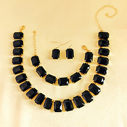 Черный Наборы из ожерелий, браслетов и серег из сплава и стекла с прямоугольными звеньями, золотые, чёрные, 475 мм