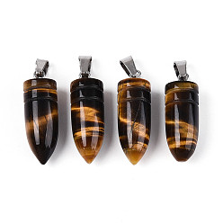 Тигровый глаз Природных тигровый глаз подвески, пулевые чары, с защелкой из нержавеющей стали на поручнях, цвет нержавеющей стали, 28~30x10~10.5 мм, отверстие : 7.5x3.5 мм