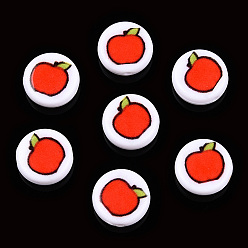 Яблоко Непрозрачные акриловые бусины, плоский круглый с рисунком фруктов, Яблочный узор, 11x4 мм, отверстие : 1.5 мм