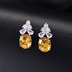 Orange Brass Pave Cubic Zirconia Oval with Flower Stud Earrings for Women, Platinum, Orange, 24x10mm