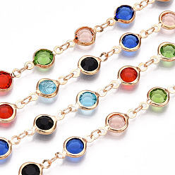 Light Gold 2M Flat Round Handmade Brass Glass Link Chains, Soldered, Light Gold, 13x6.5x2.5mm