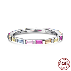 Platine Bagues en argent sterling plaquées rhodium anti-ternissement, avec zircon cubique rectangle coloré, avec cachet s, platine, taille us 925 (7 mm)