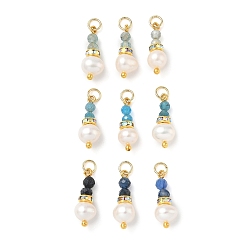Blue 3Pcs 3 Styles Faceted Natural Apatite & Kyanite and Potato Pearl Pandants, Round Beaded Charms, Golden, Blue, 16~17.5x6~6.5x5~6mm, Hole: 2.5mm, about 1Pc/style