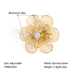 Настоящее золото 18K 304 открытые манжеты из нержавеющей стали, цветок, с кубического циркония, реальный 18 k позолоченный, 40.6 мм, внутренний диаметр: регулируемый