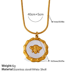Белый 304 Подвеска-колье из нержавеющей стали с подвеской в виде пчелы, выполненная в форме плоской круглой формы, с натуральным белым ракушечным узором., реальный 18 k позолоченный, белые, 15.75 дюйм (40 см), Кулон : длиной 16.9 мм 