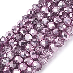 Средняя Орхидея Прозрачные стеклянные бусины гальваническим пряди, рондель, со серебряным покрытием, с половиным покрытием, окрашенная и подогревом, граненые, средне орхидеи, 4~4.5x3.5~4 мм, отверстие : 0.8~0.9 мм, около 111~115 шт / нитка, 15.75~16.34 дюйм (40~41.5 см)