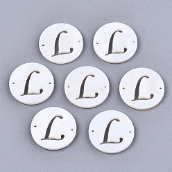 Letter L Natural Freshwater Shell Links Connectors, Flat Round with Letter, Letter.L, 14.5x1.5mm, Hole: 0.9mm